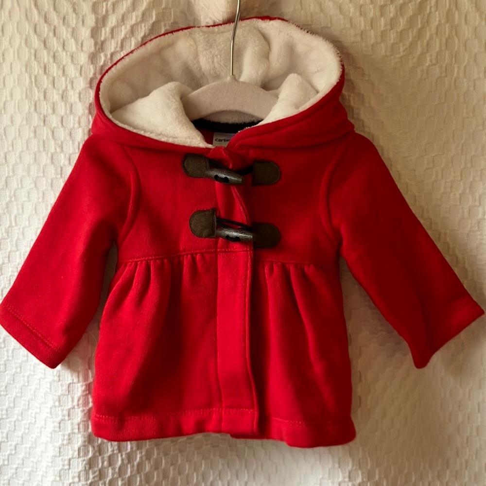 CARTERS: red toggle style jacket. 3 month size. Perfect for Fall/Winter!